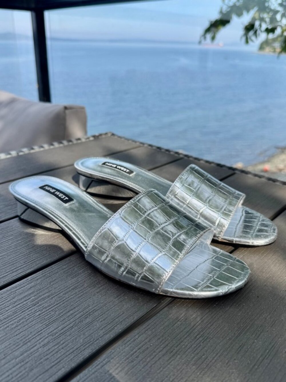 Nine West Kimms Silver Croc Embossed Low Heeled Sandals Slides Size 8